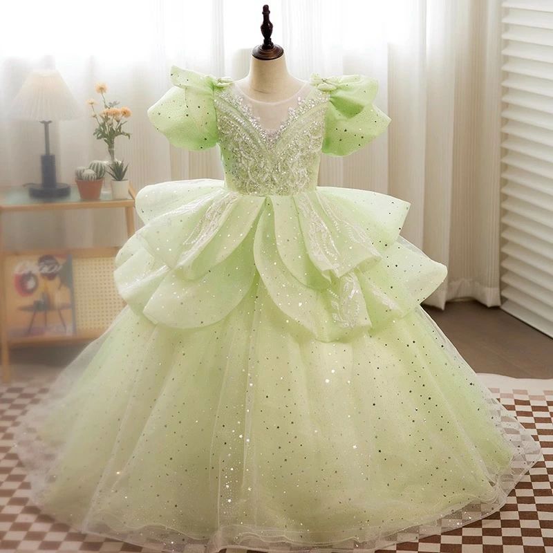 100~160cm キッズドレス プリンセスドレス 女の子ドレス 高級感 キレイめ 素敵 ビーズ スパンコール リボン パフスリーブ｜WORLD TEACH