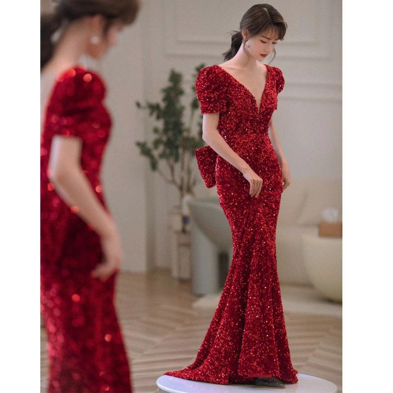 XXXL XXL XL L M S パーティードレス Vネック トレーンドレス ロングドレス 二次会 結婚式 パフスリーブ タイトドレス