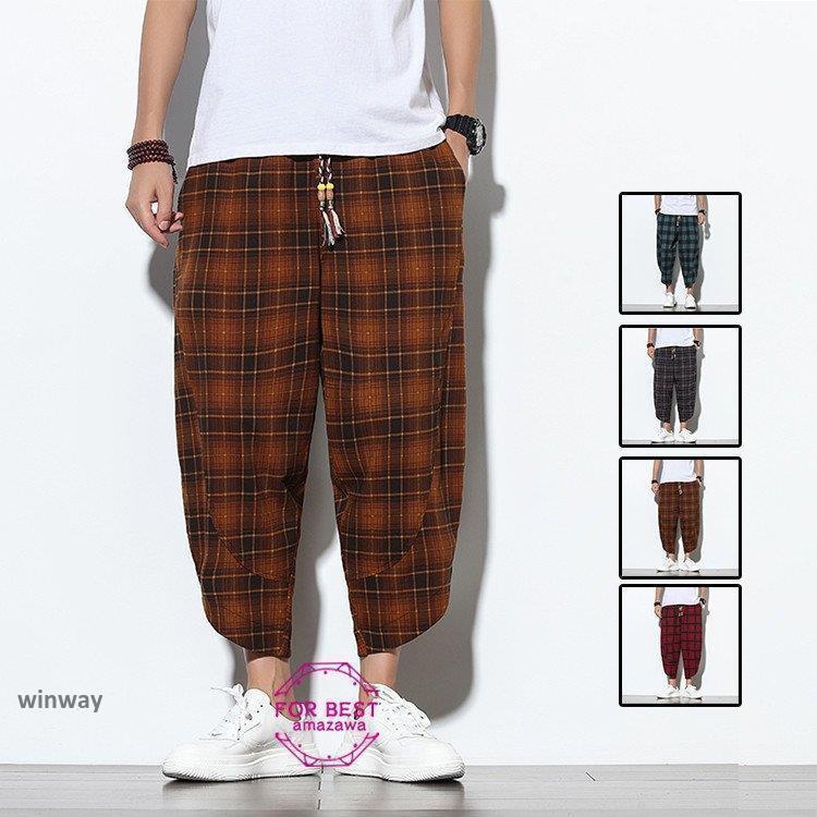 夏 ハーフパンツ カジュアルパンツ チェック柄 綿麻 メンズ 大きいサイズ 短パン クロップドパンツ 7分丈