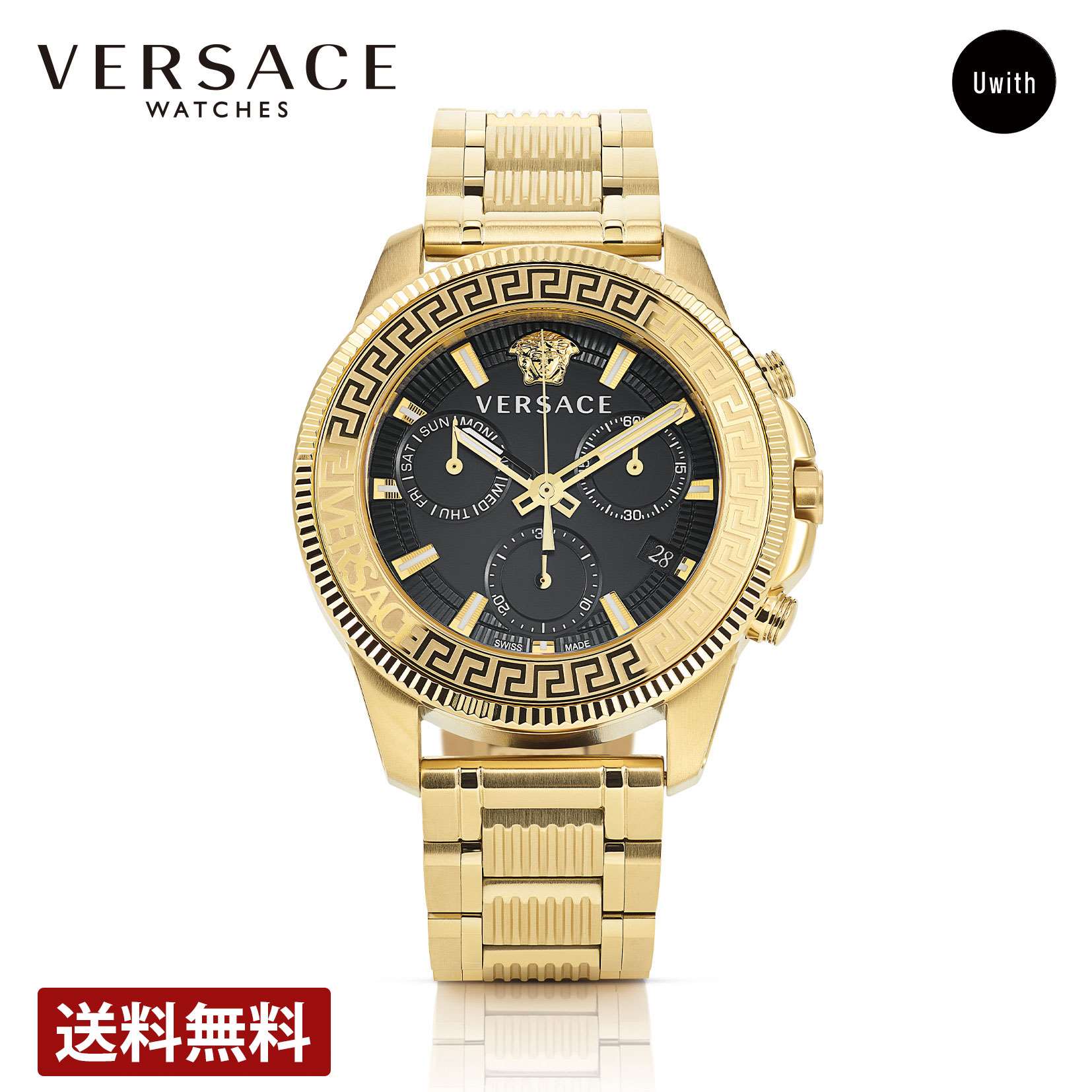 【正規販売店】VERSACE ヴェルサーチェ グレカ ロゴ ムーンフェーズ クォーツ メンズ、レディース ブラック VE7G00323