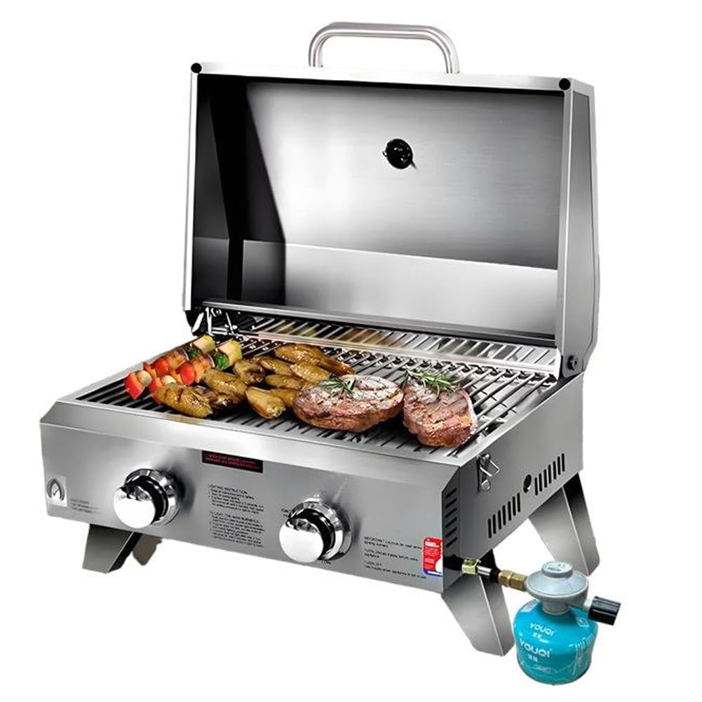 BBQガスグリル、ステンレススチール ポータブルフラットトップBBQクッカー、24000BTU商用、スチールシールド付き無煙ガスプロパングリルは、アウトドア/キャンプ/ピクニック用グリル (銀)｜WORM Base