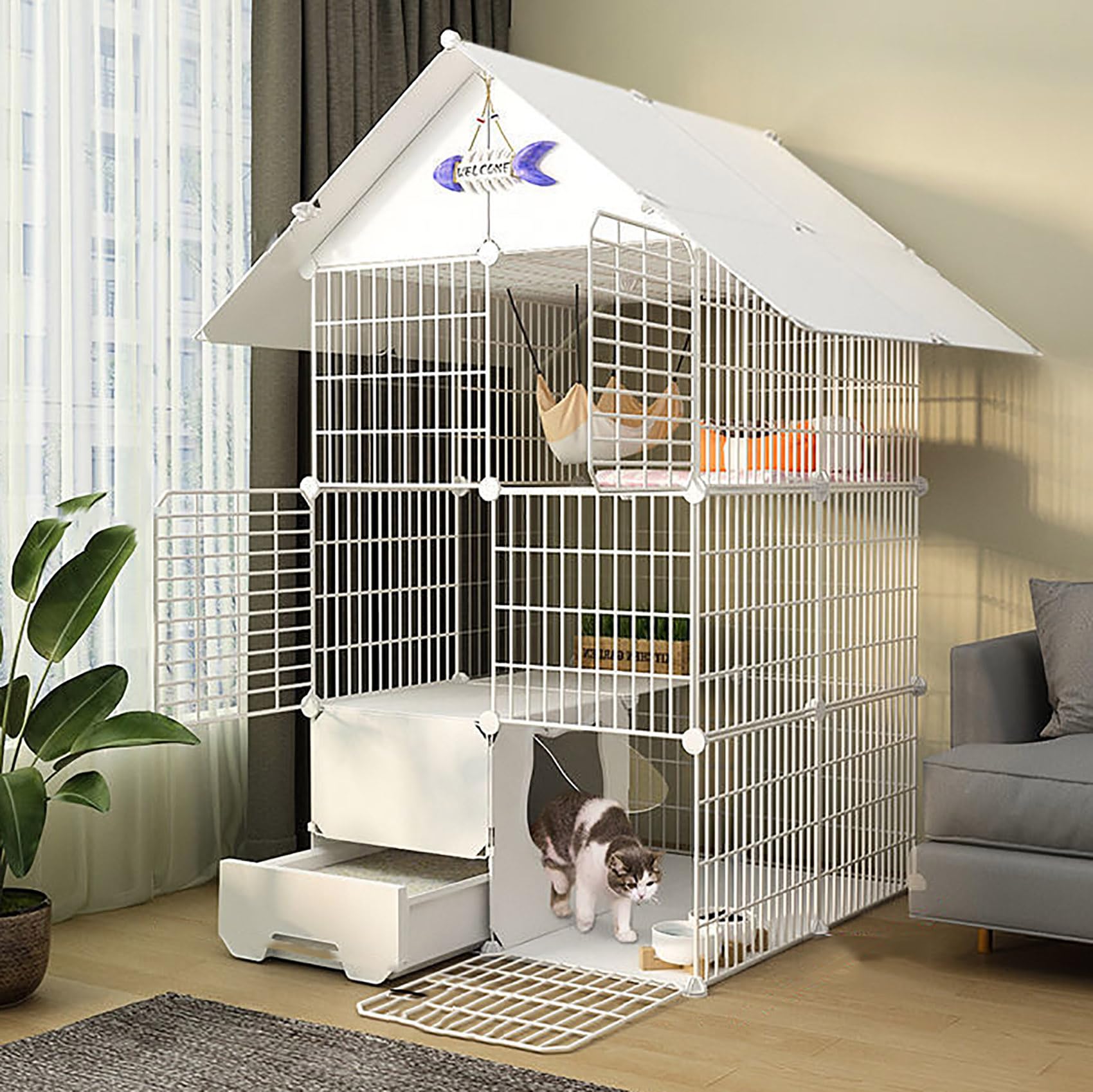 ペットベビーサークル、猫フェンス屋外バリア、猫ケージ屋内/屋外、トイレ付き大型、ペットフェンス、子猫/子犬/ウサギに適した猫ケージ