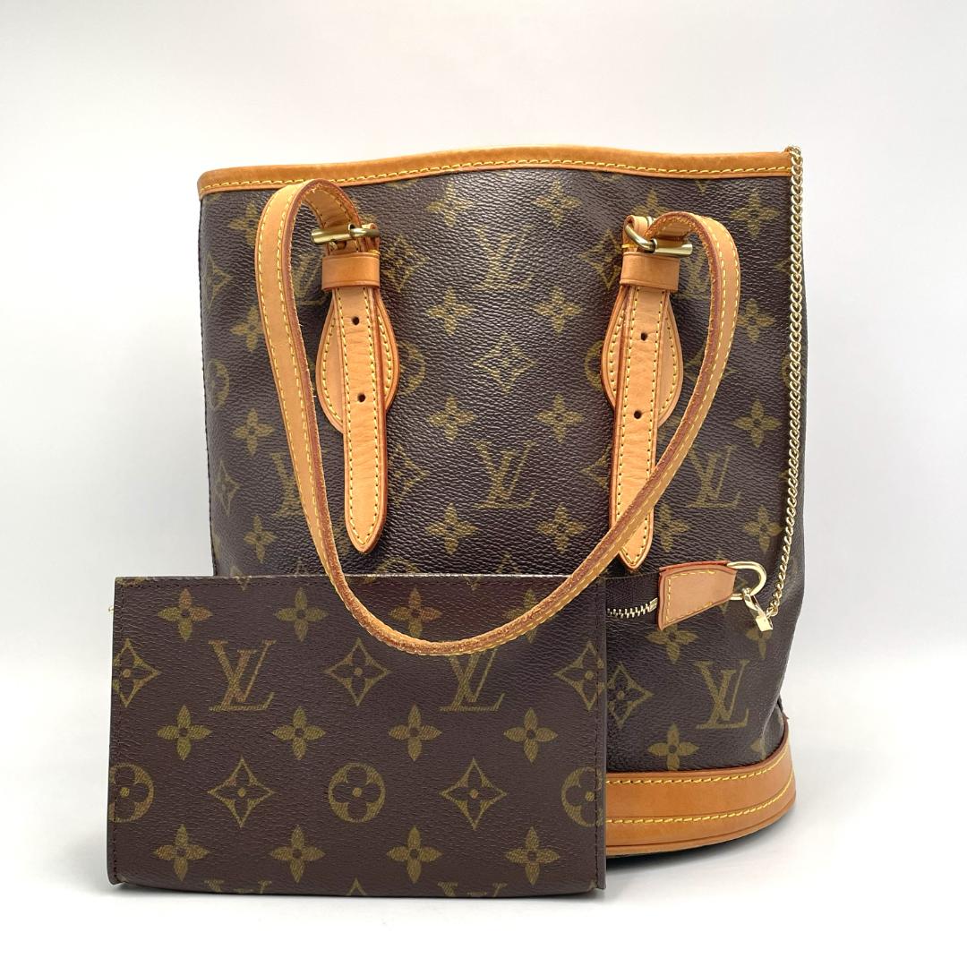 LOUIS VUITTON ルイヴィトン モノグラム バケットPM トートバッグ M42238 キャンバス&times;ヌメ革 ブラウン ゴールド金具 チェーン ポーチ付き バケツ型 定番 人気 ブランドバッグ ルイヴィトンバッグ モノグラムバッグ ルイヴィトントートバッグ ご褒美に｜BRAND WORTHTELL 店