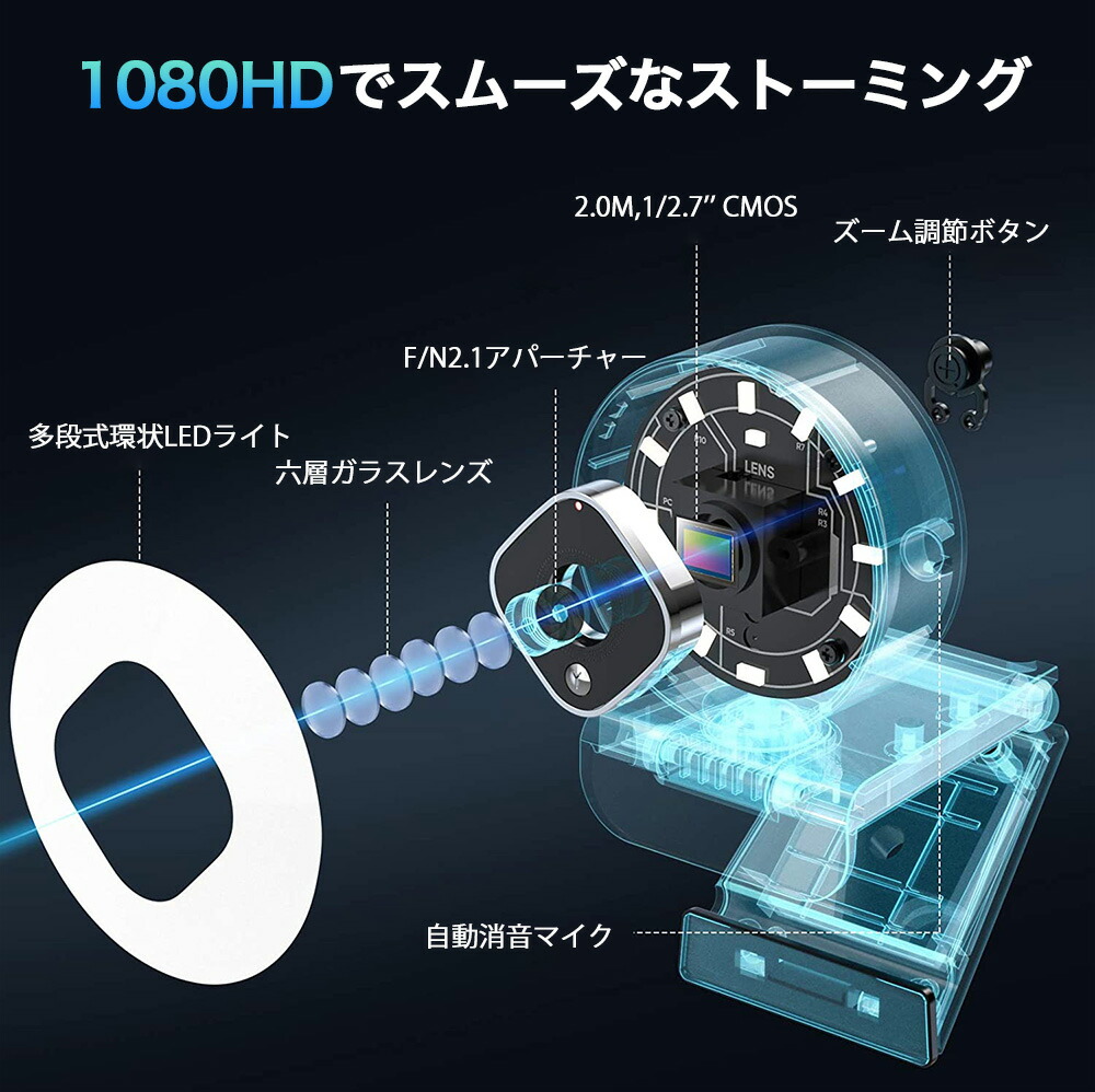 webカメラウェブカメラ2021新版LEDライト調光PCカメラフルHD1080p200万画素ズーム72°広角美顔機能背景置き換え高画質ステレオマイク内蔵折り畳み式プラグアンドプレイ三脚取付ウェブ会議/動画配信//ビデオ通話/在宅勤務