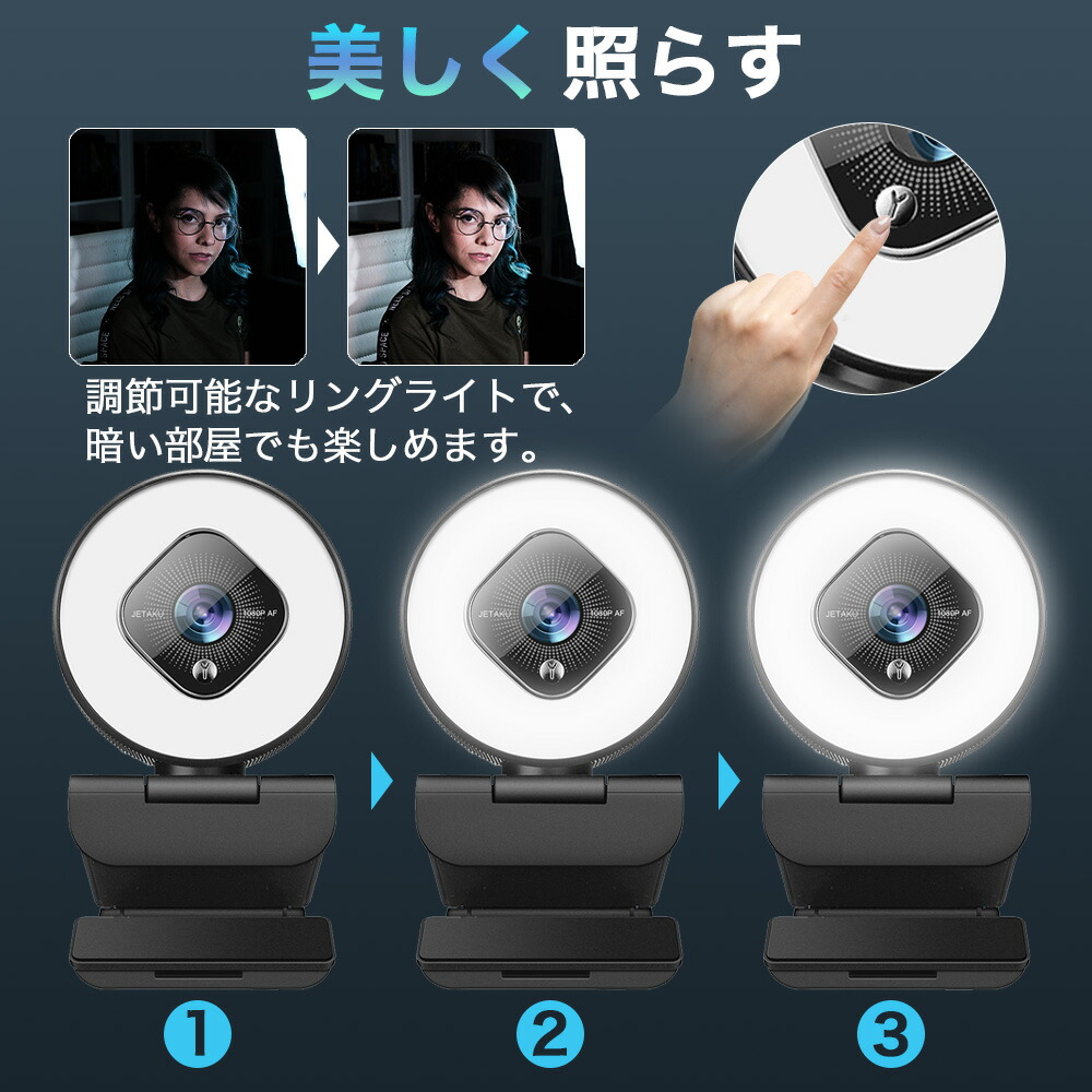 webカメラウェブカメラ2021新版LEDライト調光PCカメラフルHD1080p200万画素ズーム72°広角美顔機能背景置き換え高画質ステレオマイク内蔵折り畳み式プラグアンドプレイ三脚取付ウェブ会議/動画配信//ビデオ通話/在宅勤務