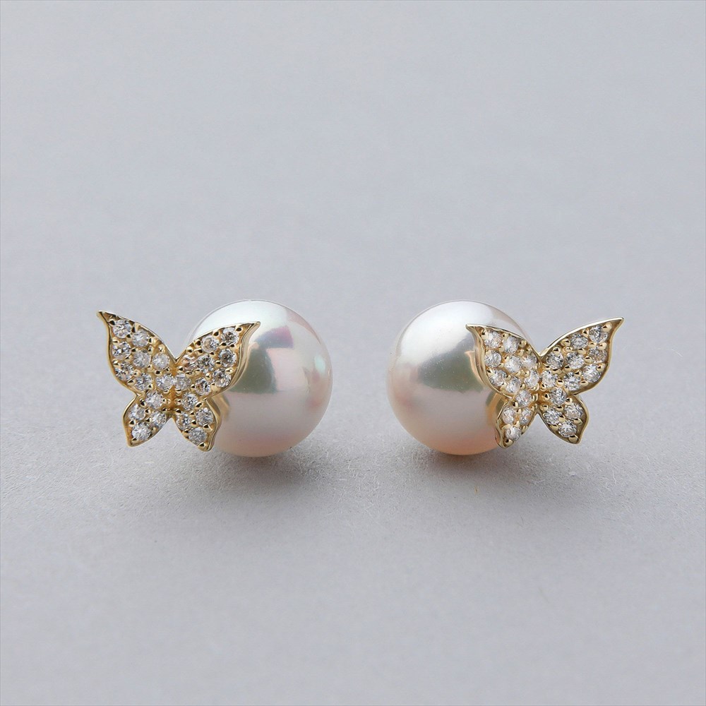 《petit amie》 あこや真珠 蝶 ピアス　7.5-8.0mm K18YG パールピアス 普段使い カジュアル