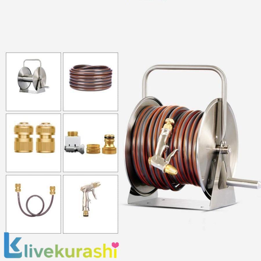 ホースリール Hose Reels 10m 15m 20m 30m 40m 50m ステンレス鋼 ホースリールオーガナイザー 高圧 散水ホースウォーターガンセット 収