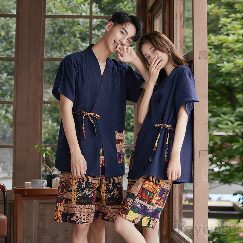 甚平 メンズ パジャマ レディース オシャレ ルームウェア 半袖 上下セット トップス パンツ Vネック 前開き 寝巻き 寝巻 お風呂 ペアルック ユニセックス 正規品送料無料