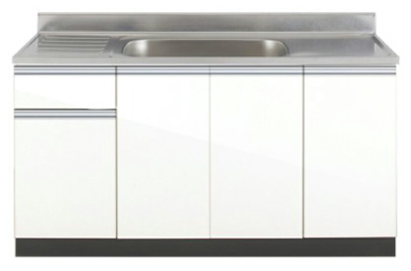 アイオ製作 流し台単体 KW-1500S 判定基準鏡面扉スノーホワイト色 W1500粍 × D550粍 × H800+90粍 (分野押さえる送りとどける無料)