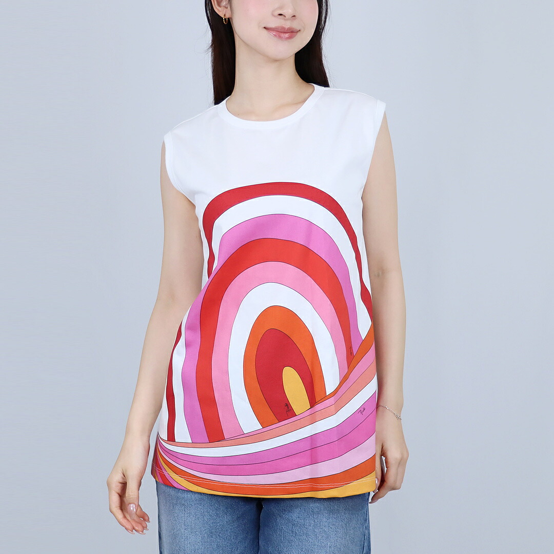 エミリオプッチ EMILIO PUCCI レディース キッズ タンクトップ ノースリーブ ノースリーブTシャツ PY8B42-Z3672 WHITE/ORANGE｜テザーレブランドショップ