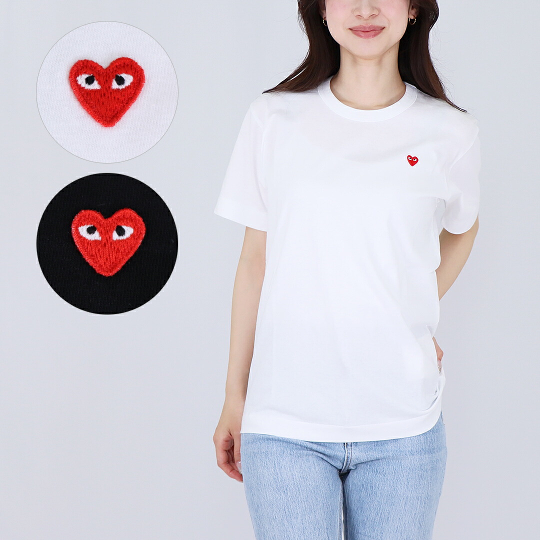 COMME des GARCONS★PLAY ハート ワッペン ラインスートン 半袖T プレイ・コムデギャルソン Tシャツ-赤ラインハート×赤ハート