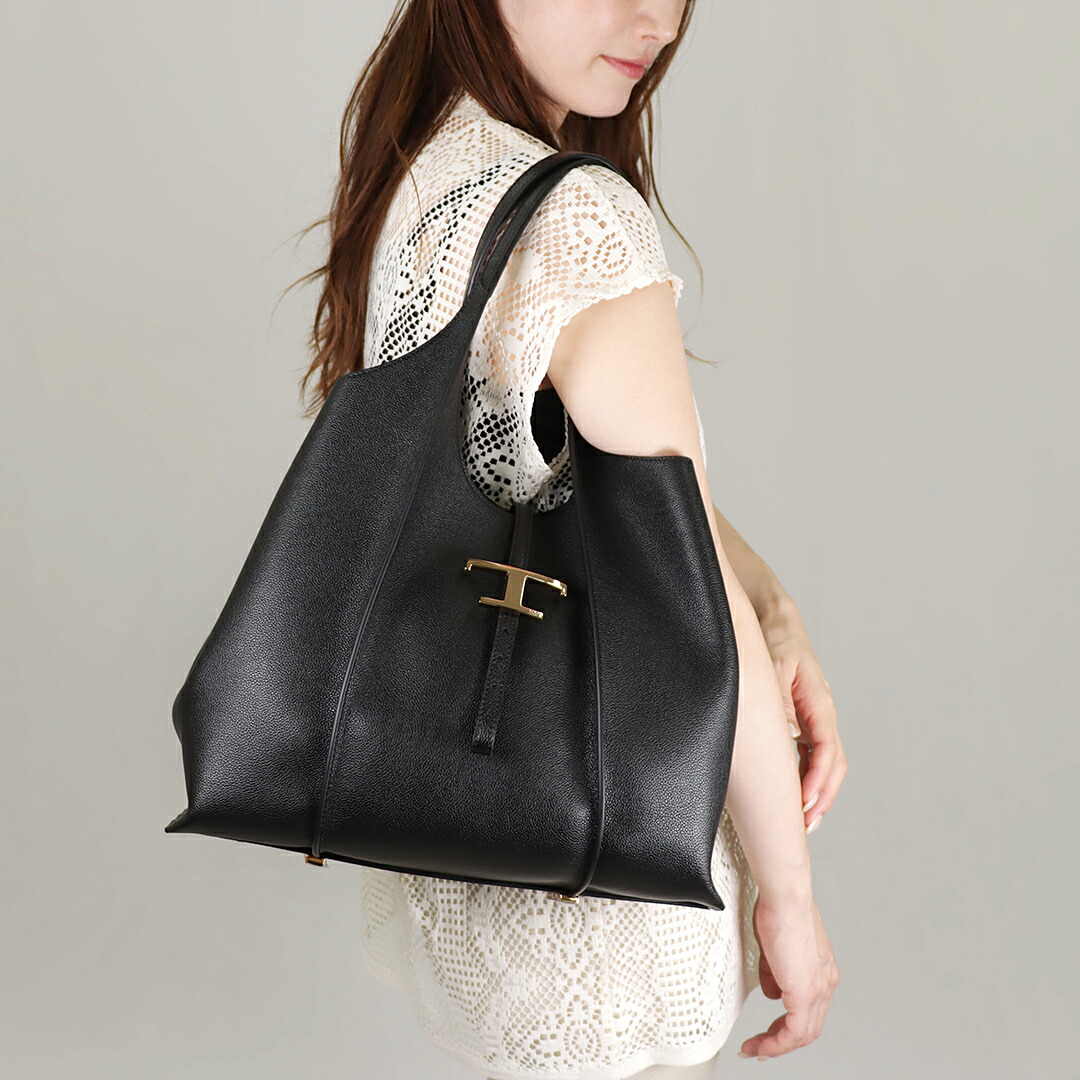 【12日0時～24h限定ポイント3倍】 トッズ TOD’S トートバッグ Tタイムレス XBWTSBA0300 Q8E ブラック レザーショッピングバッグ ミディアム