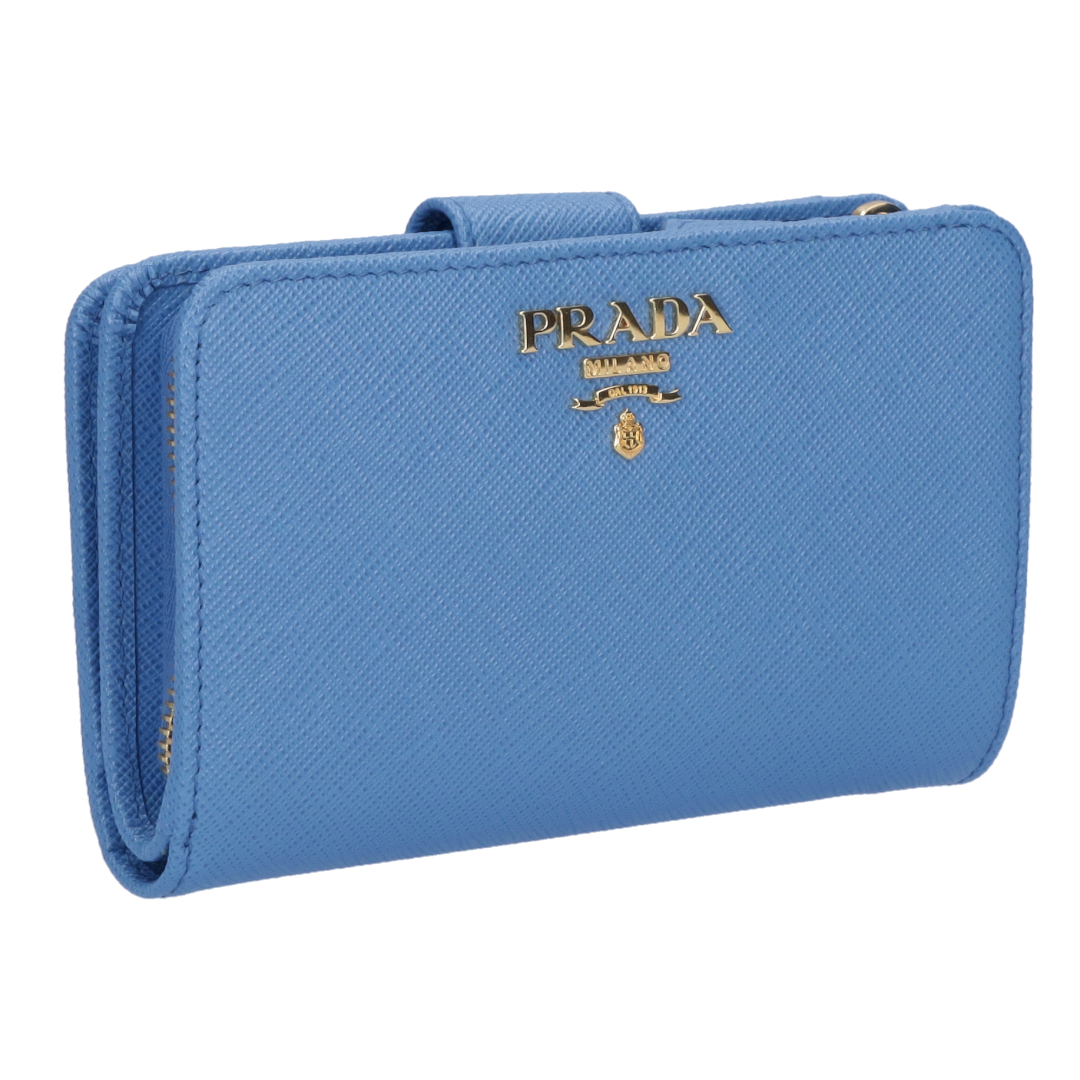 【良品】PRADA プラダ　折り財布　ロゴ　ブルー　サフィアーノレザー プラダ PRADA 財布 二つ折り サフィアーノ レザー Wホック ロゴ
