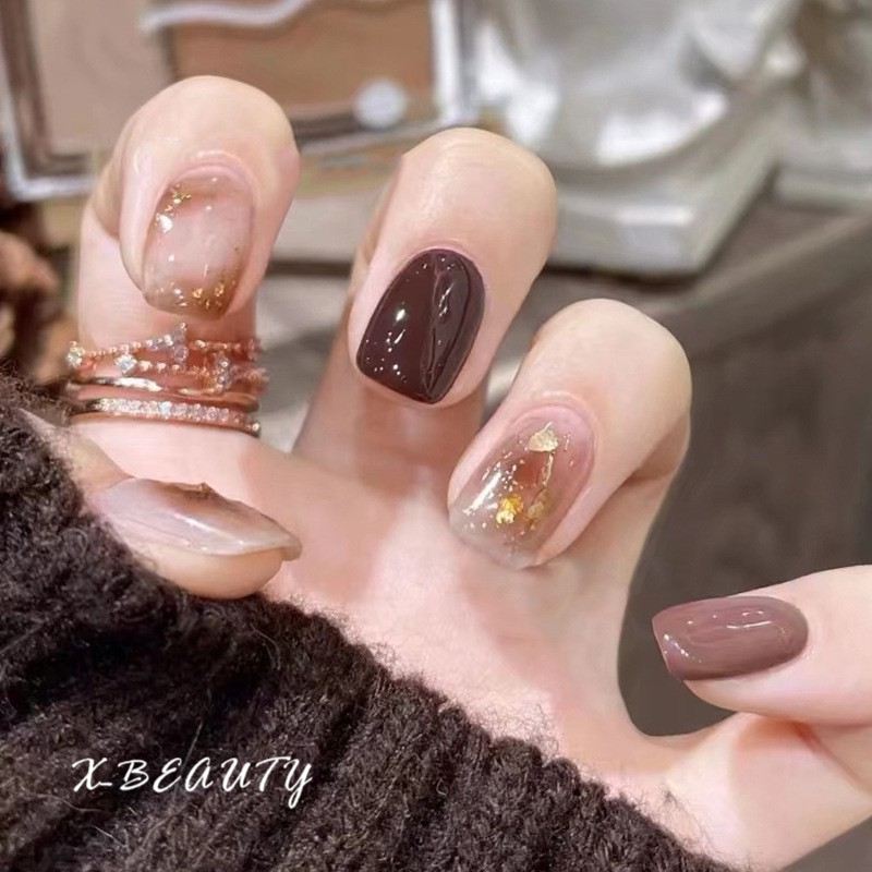 楽天市場】ネイルチップ ショート ゴールド ブラウン 光沢感