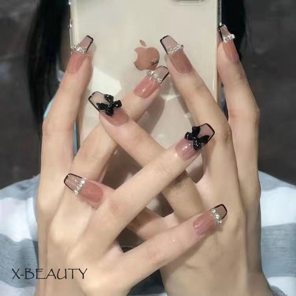 楽天市場】ネイルチップ ロング ピンク ブラック クリスタイル リボン