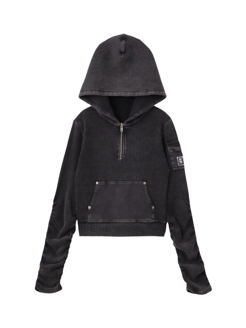 FADED WOVEN MIX HALF ZIP HOODED TOP X-girl エックスうしろ帯 トップス カットソー・プルオーバー 黒いこと 緑であること【貨物輸送無料】[ Fashion]