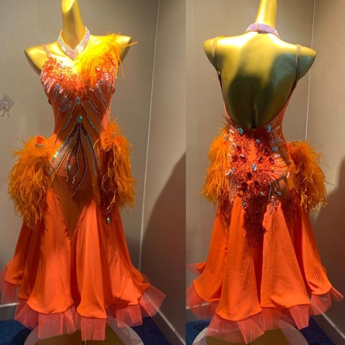美品 社交ダンス衣装】オレンジ ラテンドレス ワンピース ライン