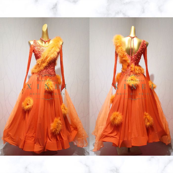 【美品】社交ダンスドレス　ラテン　セミオーダーM オレンジ色 オレンジ社交ダンスドレス ラテン セミオーダーM