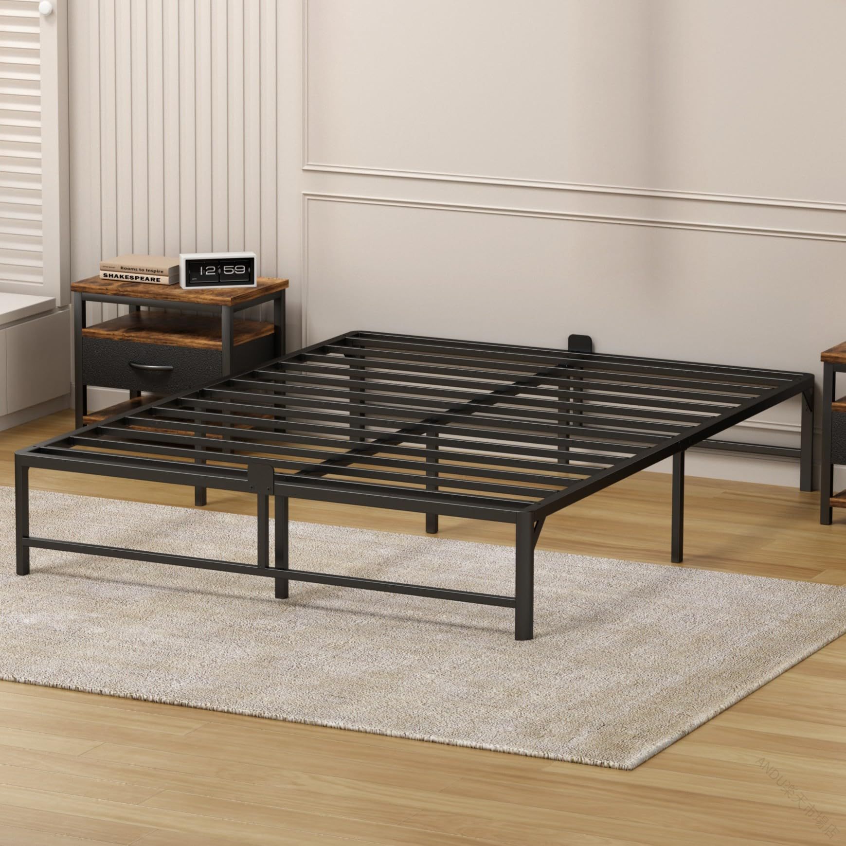 ダブル ベッド フレーム 単品 ダブルベッド 140*195*35cm ブラック スチール製 すのこ 耐荷重 600kg 収納 高さ 32cm 面取り デザイン 通気性 静音 耐久性 組立 簡単|ANDU店
