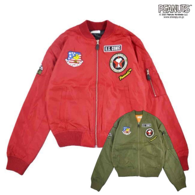 Snoopy 刺しゅう MA-1 中綿 アウター MA1 上衣 冬服 ちびっ子服 レディース メンズ 赤いこと 黒いこと M L LL XL 2L PEANUTS おせっかい 文字記号 紋章 一般受け 長袖 今めかしい 愛くるしい かっこいい 分かりやすい 前掛け スカジャン 押さえる ヴィンテージデザイン