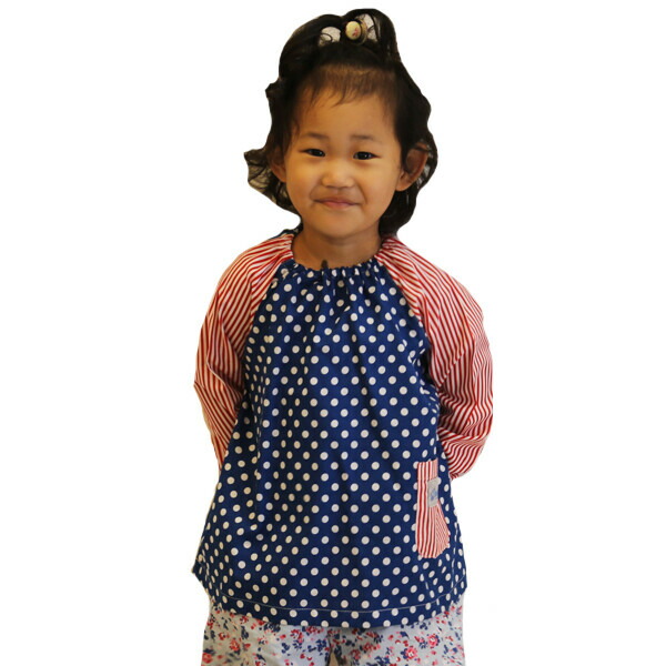 360円 Web限定 日本製 ハンドメイド 子供用 長袖 スモック 90cm エプロン キッズ ストライプ ドット柄 ネイビー ブルー 青 レッド 赤 レトロ かわいい 幼稚園 保育園 給食 男の子 女の子 食事 図工 ポケット 子供 こども