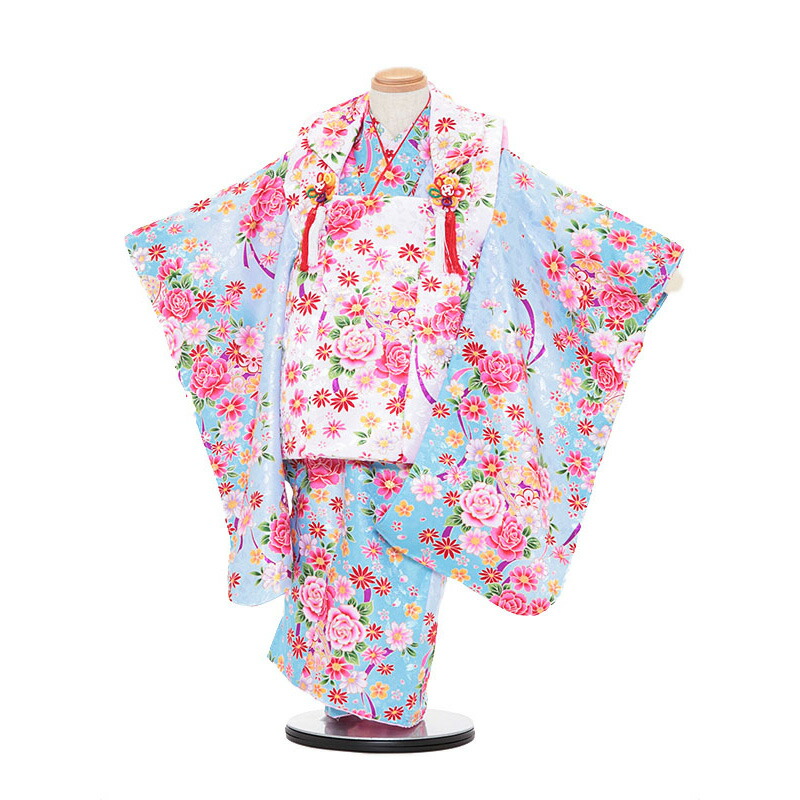 【レンタル】着物 3歳 被布 セット 753 七五三レンタル 3074 薄ﾋﾟﾝｸ×水色 ﾊﾞﾗ 3歳 女児 被布 七五三 三歳女児 きものレンタル 子供 往復送料無料【0AP3074】