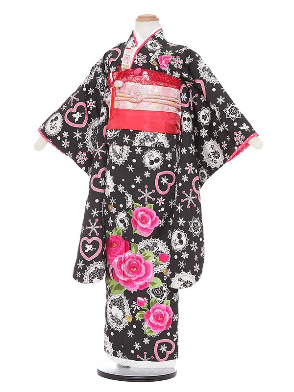 【レンタル】753 七五三 着物 7歳 フルセット 女の子 7歳 着物 レンタル A772 黒地に花　ハートと天使 ７歳女の子 753 七五三 子供 七五三 着物 ７歳 女の子 往復送料無料【0APA772】