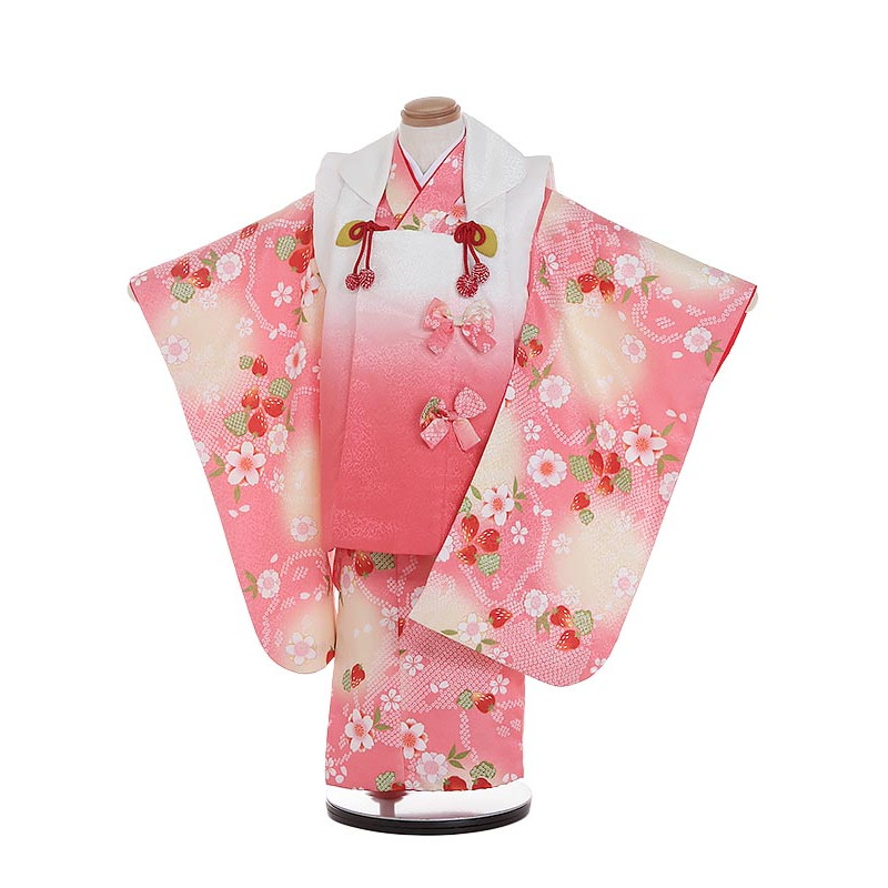 【レンタル】着物 3歳 被布 セット 753 七五三レンタルK302 白ぼかし×ピンク 桜と苺 3歳 女児 被布 七五三 三歳女児 きものレンタル 子供 往復送料無料【0APK302】