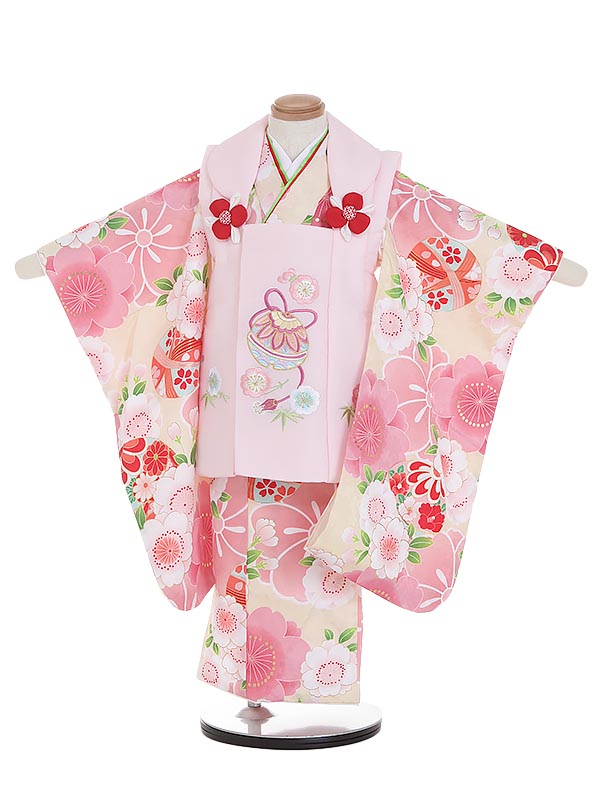 【レンタル】着物 3歳 被布 セット 753 七五三レンタルK303 ピンク×黄 桜に鞠 3歳 女児 被布 七五三 三歳女児 きものレンタル 子供 往復送料無料【0APK303】