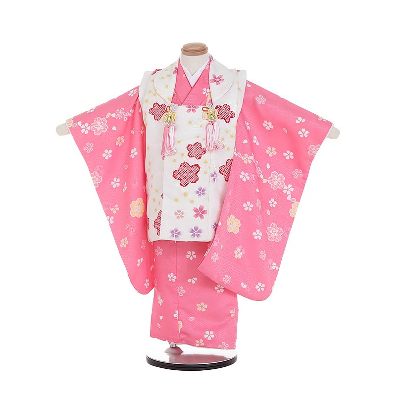 【レンタル】着物 3歳 被布 セット 753 七五三レンタルK305 白×ピンク 桜 3歳 女児 被布 七五三 三歳女児 きものレンタル 子供 往復送料無料【0APK305】