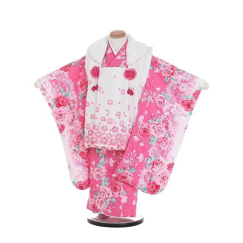 【レンタル】着物 3歳 被布 セット 753 七五三レンタルK314 白×ピンク 薔薇とシャンデリアにレース 3歳 女児 被布 七五三 三歳女児 きものレンタル 子供 往復送料無料【0APK314】