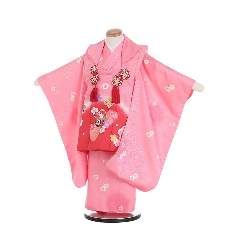 【レンタル】着物 3歳 被布 セット 753 七五三レンタルK329 赤ぼかし×ピンク 桜 小花柄 花車 3歳 女児 被布 七五三 三歳女児 きものレンタル 子供 往復送料無料【0APK329】
