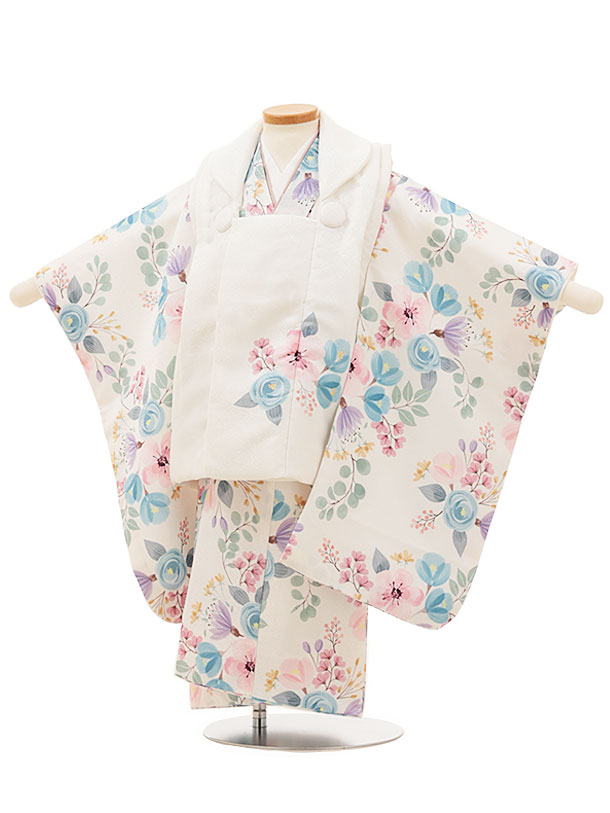 【レンタル】着物 3歳 被布 セット 753 七五三レンタルY363 ホワイト×ホワイト 洋風花柄 3歳 女児 被布 七五三 三歳女児 きものレンタル 子供 往復送料無料【0APY363】