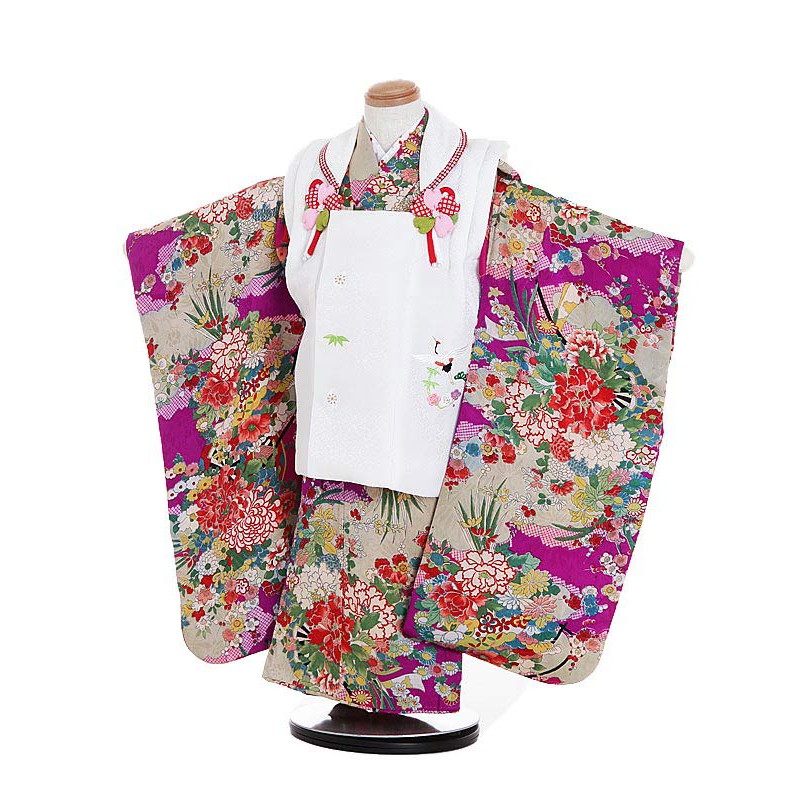 【レンタル】着物 3歳 被布 アンティーク着物 セット 753 七五三レンタル 白×紫 牡丹 四季の花々 3歳 女児 被布 七五三 三歳女児 きものレンタル 子供 往復送料無料【0APC315】|礼服喪服レンタルのやました