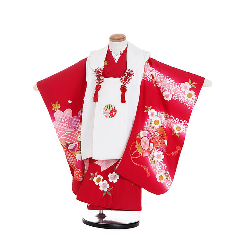 【レンタル】着物 3歳 被布 セット 753 七五三レンタル 正絹 白&times;赤(一つ身) 桜散らし 鼓 3歳 女児 被布 七五三 三歳女児 きものレンタル 子供 往復送料無料【0APC317】｜礼服喪服レンタルのやました