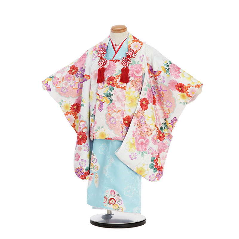 【レンタル】着物 3歳 被布 セット 753 七五三レンタル 白地&times;ブルー/花柄 3歳 女児 被布 七五三 三歳女児 きものレンタル 子供 往復送料無料【0APT346】｜礼服喪服レンタルのやました