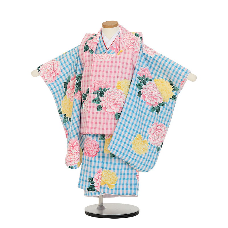 【レンタル】七五三 着物 女児 3歳 身長90cm-100cm 被布 ピンク&times;水色 牡丹に格子 キュート 往復送料無料【0APY374】｜礼服喪服レンタルのやました
