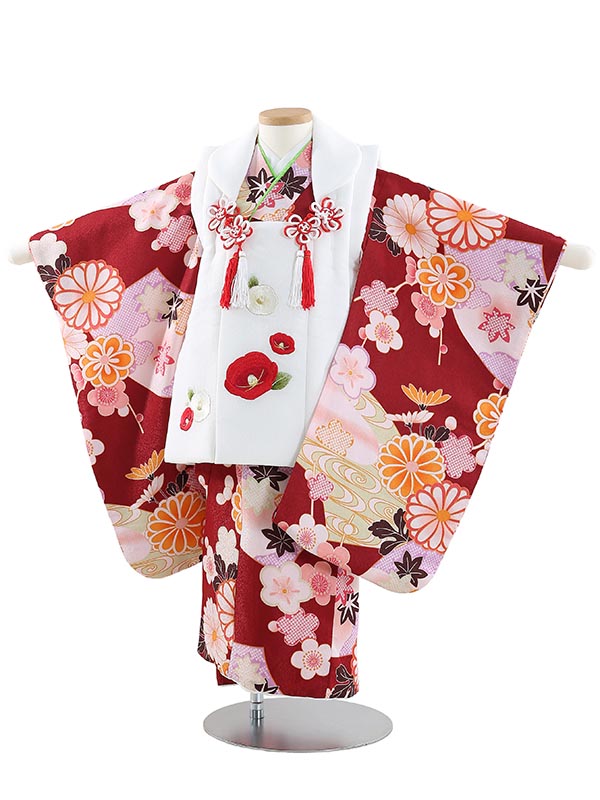 【レンタル】着物 3歳 女児 被布 セット 753 七五三レンタル B340 古典秋の花と扇形 白 七五三 三歳女児 きものレンタル 子供 往復送料無料【0APB340】