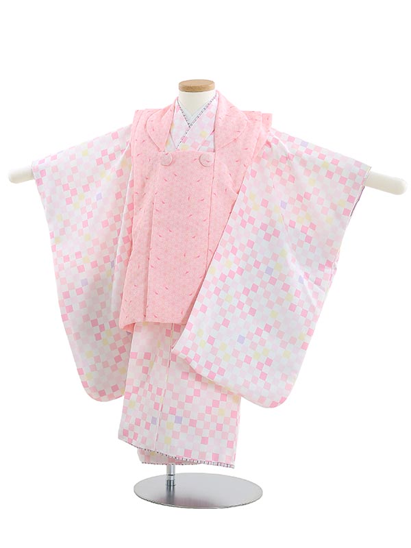 【レンタル】着物 3歳 女児 被布 セット 753 七五三レンタル B367 モザイクチェックと麻の葉 ピンク 七五三 三歳女児 きものレンタル 子供 往復送料無料【0APB367】