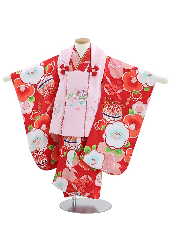 【レンタル】着物 3歳 女児 被布 セット 753 七五三レンタル B369 桜椿と鞠 赤 七五三 三歳女児 きものレンタル 子供 往復送料無料【0APB369】