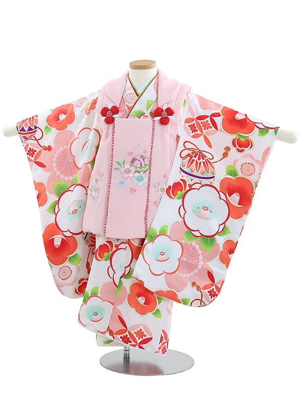 【レンタル】着物 3歳 女児 被布 セット 753 七五三レンタル B370 桜椿と鞠 白 七五三 三歳女児 きものレンタル 子供 往復送料無料【0APB370】