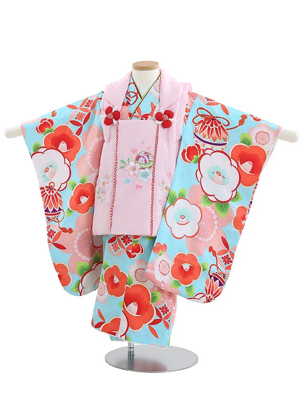【レンタル】着物 3歳 女児 被布 セット 753 七五三レンタル B371 桜椿と鞠 水色 七五三 三歳女児 きものレンタル 子供 往復送料無料【0APB371】