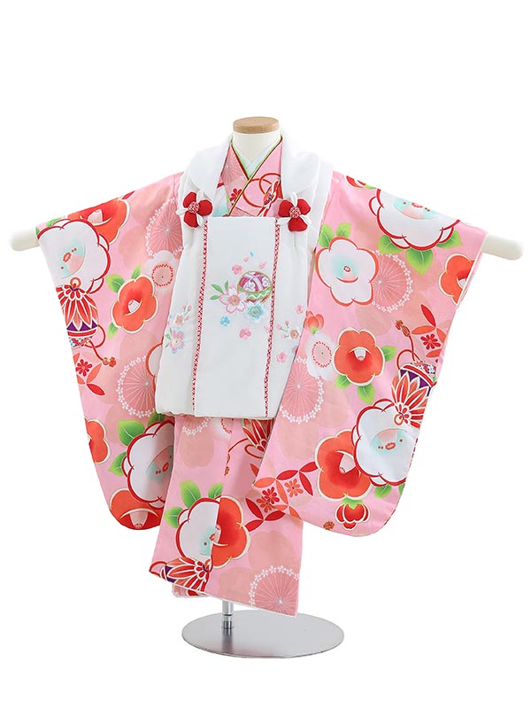 【レンタル】着物 3歳 女児 被布 セット 753 七五三レンタル B372 桜椿と鞠 ピンク 七五三 三歳女児 きものレンタル 子供 往復送料無料【0APB372】