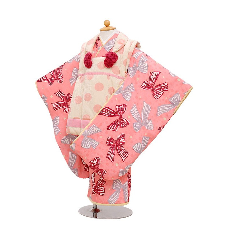 【レンタル】着物 3歳 被布 セット 753 七五三レンタル H356 ハッカキッズ クリーム×ピンクリボン 3歳 女児 被布 七五三 三歳女児 きものレンタル 子供 往復送料無料【0APH356】