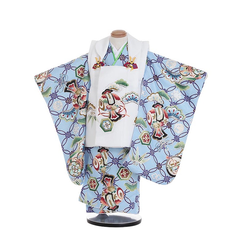 【レンタル】【被布】753|七五三 被布|着物 レンタル|七五三 レンタル N324 松と小槌 白×水色 3歳男の子|753|七五三 着物 3歳|七五三|被布|子供|きもの|レンタル|753|七五三|往復送料無料【0AON324】