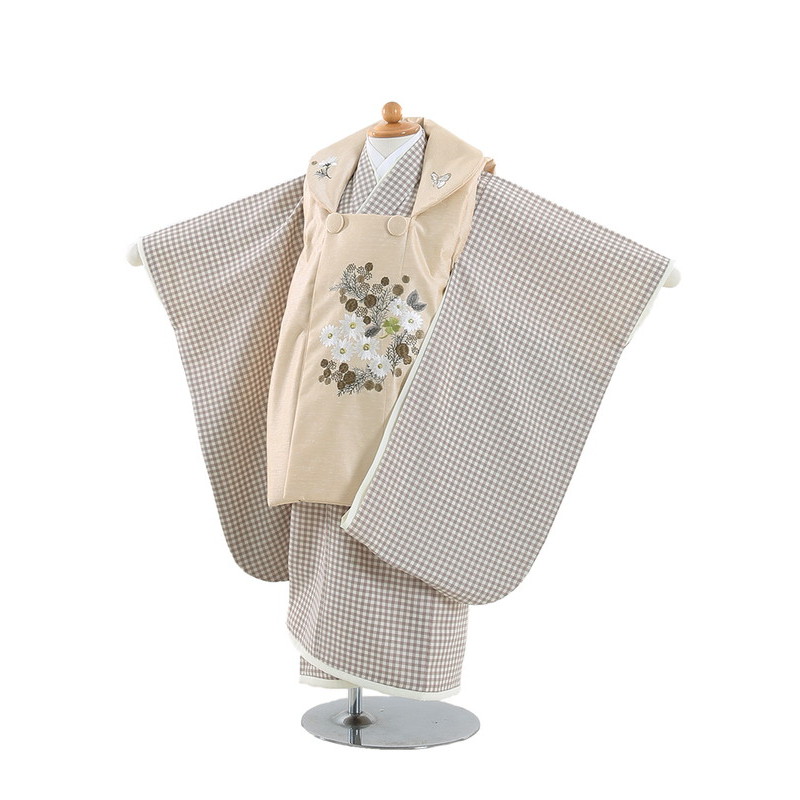 【レンタル】着物 3歳 女児 被布 セット 753 七五三レンタル N301 KamiShibai ギンガムチェック・ミモザ刺繍 七五三 三歳女児 きものレンタル 子供 往復送料無料【0APN301】