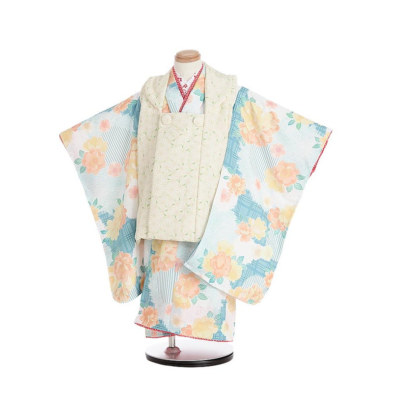 【レンタル】着物 3歳 女児 被布 セット 753 七五三レンタル Y302 春の花々 チェック 麻の葉 ベージュ×グリーン 七五三 三歳女児 きものレンタル 子供 往復送料無料【0APY302】|礼服喪服レンタルのやました