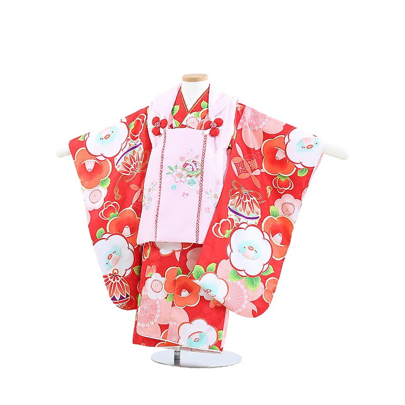 【レンタル】着物 3歳 女児 被布 セット 753 七五三レンタル Y309 花ひめ 椿に桜 ピンク&times;赤 七五三 三歳女児 きものレンタル 子供 往復送料無料【0APY309】｜礼服喪服レンタルのやました