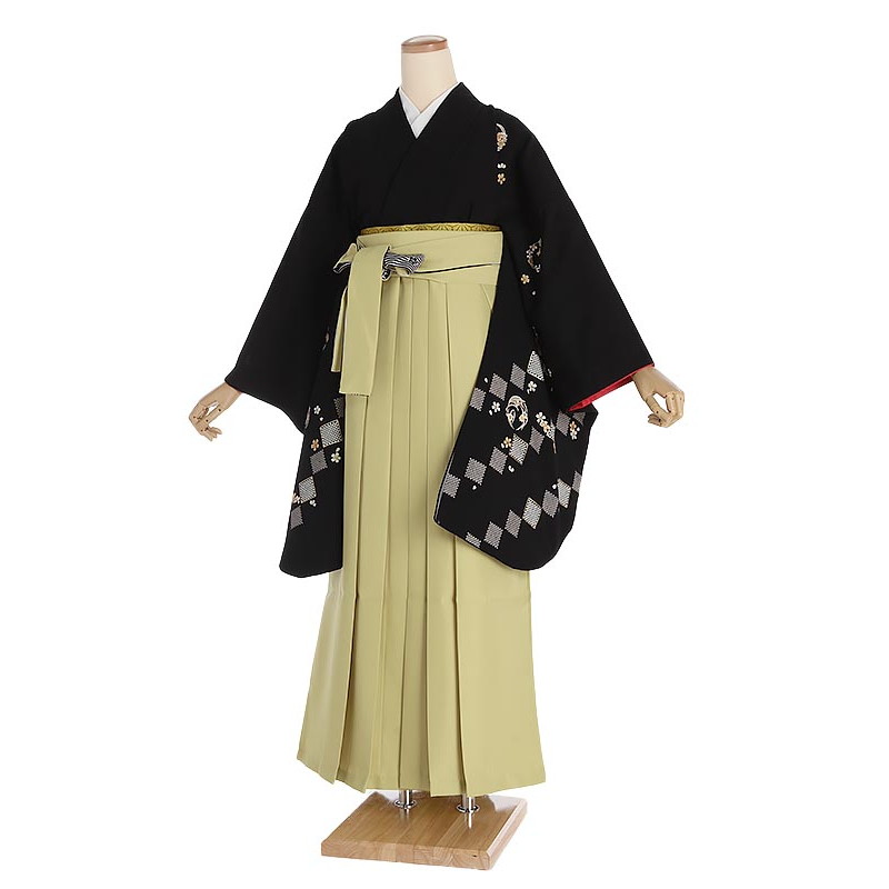 【レンタル】卒業式 袴レンタル 黒地桜×カーキ袴セット 158cm-163cm [7号-13号] 大学生 卒業袴 貸衣装 女性 着物 専門学校 謝恩会 和装【0AG0033】