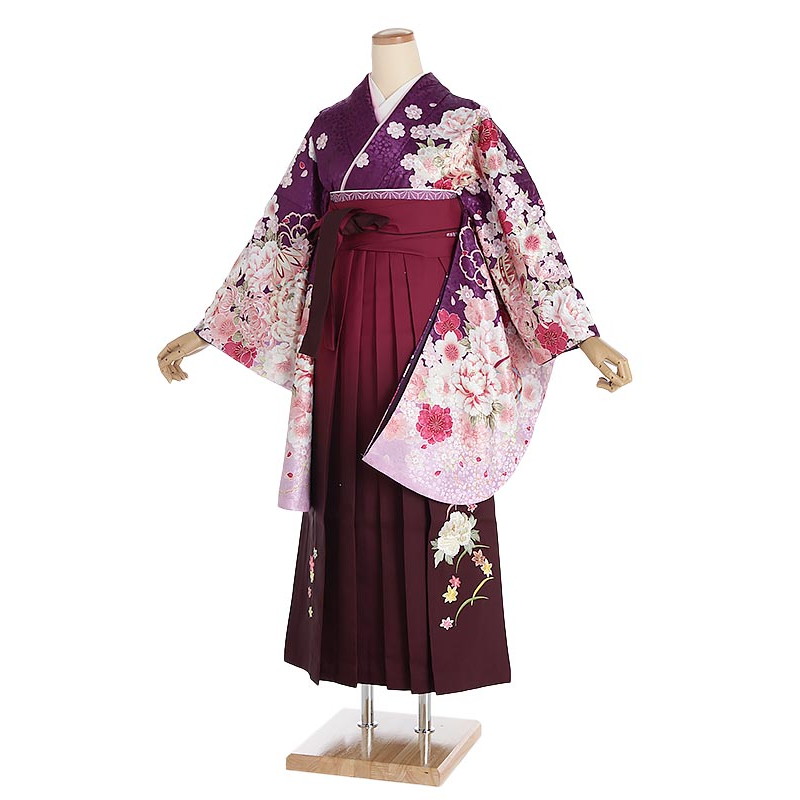【レンタル】卒業式 袴レンタル 牡丹に菊と桜&times;エンジぼかし袴セット 150cm-155cm [7号-13号] 大学生 卒業袴 貸衣装 女性 着物 専門学校 謝恩会 和装【0AG0056】｜礼服喪服レンタルのやました